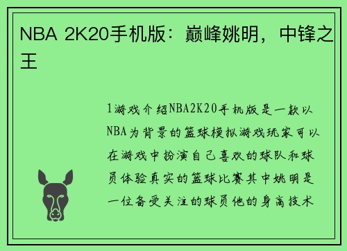 NBA 2K20手机版：巅峰姚明，中锋之王